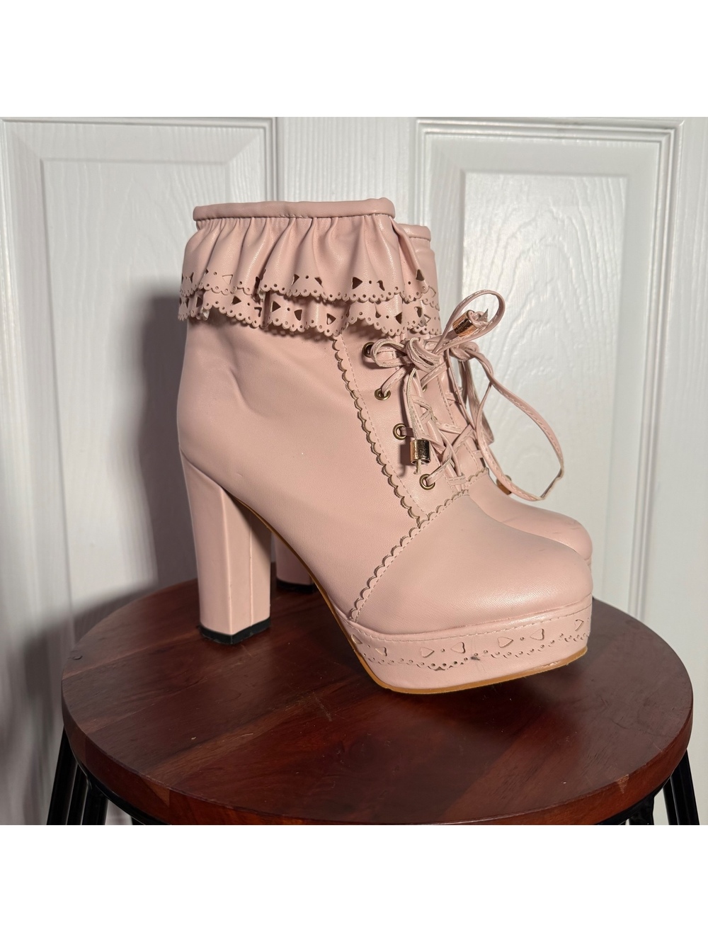 Pastel Pink Sweet Lolita Heeled Boots Kawaii Ruffle Lace Up Platform Dollcore